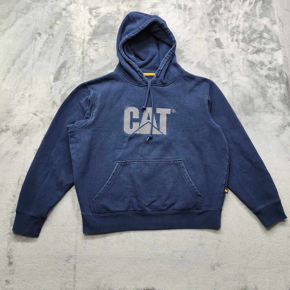 CAT Hoodie Mens M Blue‎ Gray Embroidered Trademark Pullover Heavyweight Fleece